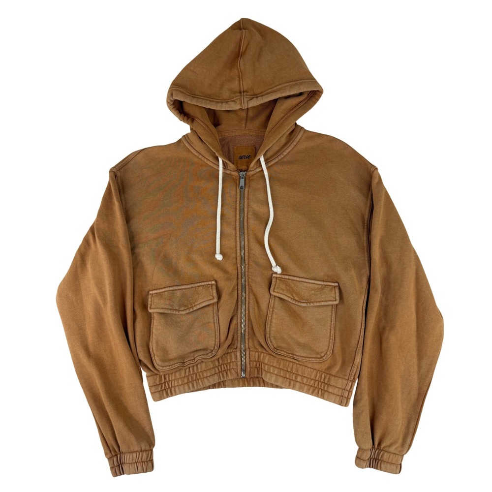 Aerie Zip Up Hoodie Womens Small Brown Cropped Utility Pocket Fleece Sweatshirt